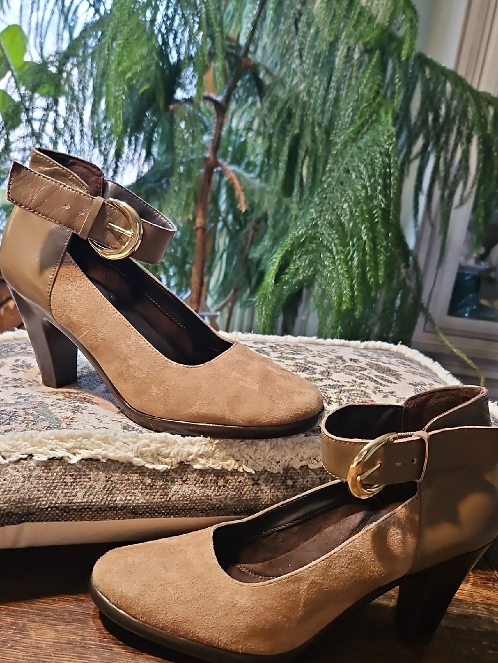 Toms Tan Suede Ankle-Strap Block Heels with Gold Buckle